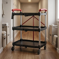 Foldable Three-Tier Tool Trolley Tray-Style Frame Rolling Tool Cart Space-Saving