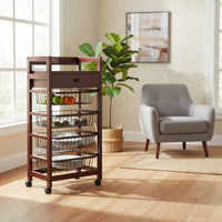 Wood Drawer Basket Cart Open Frame with Drawer Brown Finish Wooden