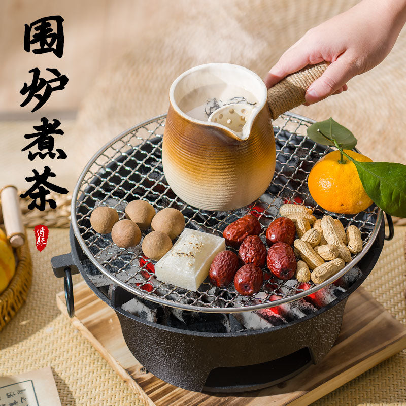 烧烤炉户外烧烤架碳炭炉围炉煮茶烤火炉套装家用室内器具全套 小号16cm单炉+烤网+木底座