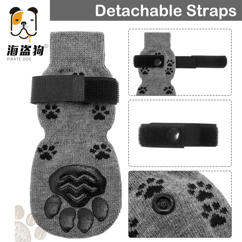 宠物室内棉袜子4只装 透气防滑防掉静音大中型犬金毛防刮花袜脚套 三色骨头狗爪袜/黑色 M-中型