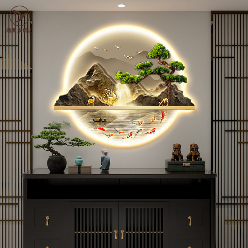 新中式玄关装饰画入户正对门山水画带灯走廊过道挂画迎客松壁画 O-迎客松 无框艺术【单层UV精雕+高清晶瓷工艺+镜面防滑】 高100cm【适合1.3-1.5m墙宽】 LED灯画【遥控款+插电款+可自行改接线款】