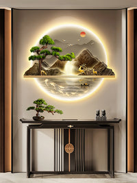 新中式玄关装饰画入户正对门山水画带灯走廊过道挂画迎客松壁画 O-迎客松 无框艺术【单层UV精雕+高清晶瓷工艺+镜面防滑】 高100cm【适合1.3-1.5m墙宽】 LED灯画【遥控款+插电款+可自行改接线款】