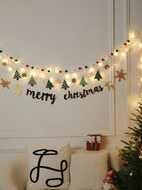 圣诞节装饰品拉旗场景布置挂件发光店铺氛围感拉花吊旗圣诞树装扮 圣诞老人和树+merry x'mas+毛球+6米大灯串