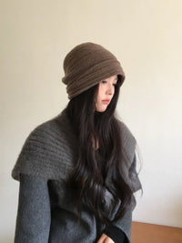 秋冬女100羊毛韩系百搭褶皱堆堆帽男女卷檐包头冷帽子无檐针织帽