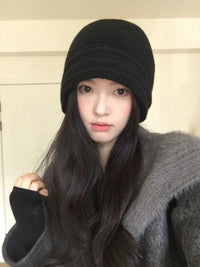 秋冬女100羊毛韩系百搭褶皱堆堆帽男女卷檐包头冷帽子无檐针织帽