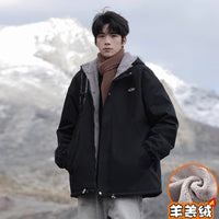 羊羔绒工装夹克男冬款加绒潮流秋冬季百搭冲锋宽松衣连帽外套男装