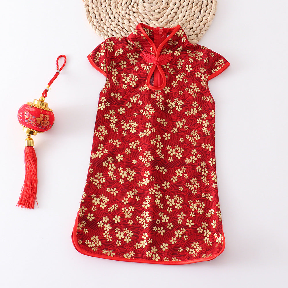 跨境女童旗袍表演服中国风中大童拜年礼服公主连衣裙外贸夏dress