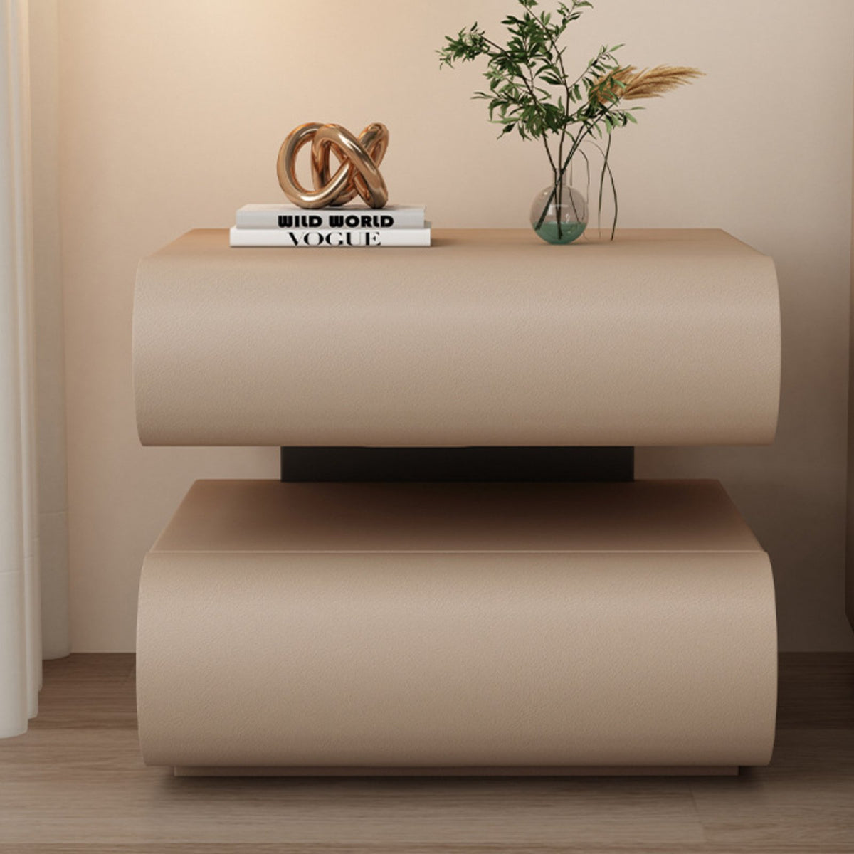 Stacked Curved-front End Table Modern Nightstand Bedside Cabinet Spacious Drawer Faux Leather Construction Suitable for Homeowners Adults Home Decor Apartment Hallway