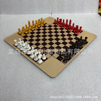 跨境仿木纹橡胶垫四人国际象棋棋子(棕黄红白)王高约49mm棋盘35cm