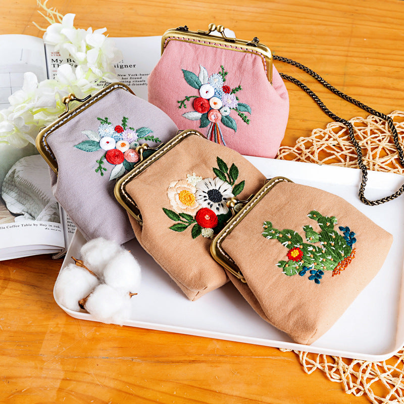 DIY Embroidery Kiss-lock Purse Kit - Cactus Design Handbag Coin Pouch Material Pack