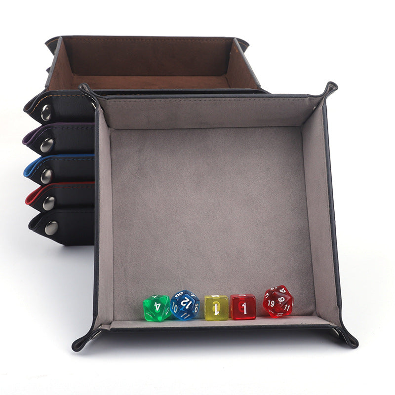 PU Leather Square Dice Tray Folding Valet Tray Desktop Organizer for Jewelry Keys Dice Storage Multi-functional
