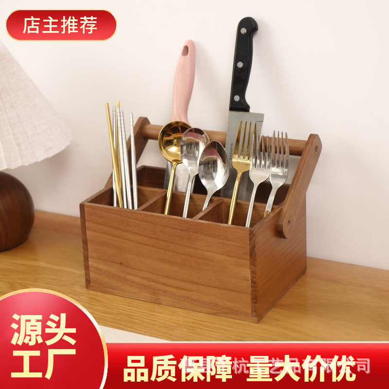 实木餐具收纳篮复古手提厨房刀具收纳盒木质家用整理碗筷收纳盒