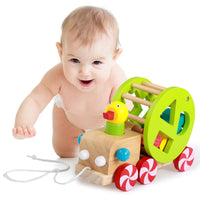 Baby 1-3 Years Old Wooden Intellectual Educational Duck Pull-Along Toy Children's Wooden Trailer Building Blocks