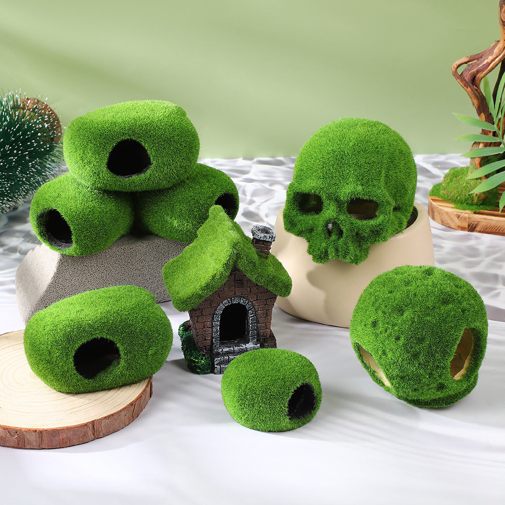 Artificial Moss Stone Skull Head/Hiding Ball Aquarium Ornament Fish Tank Landscaping Decoration
