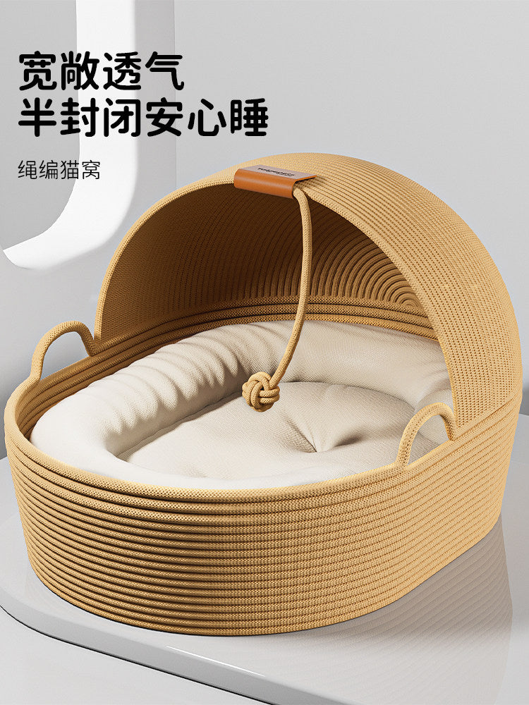 Hand-Woven Rope Cat Bed Semi-Enclosed Super Large Kitten Puppy Warm Sleeping House Pet Supplies for All Seasons