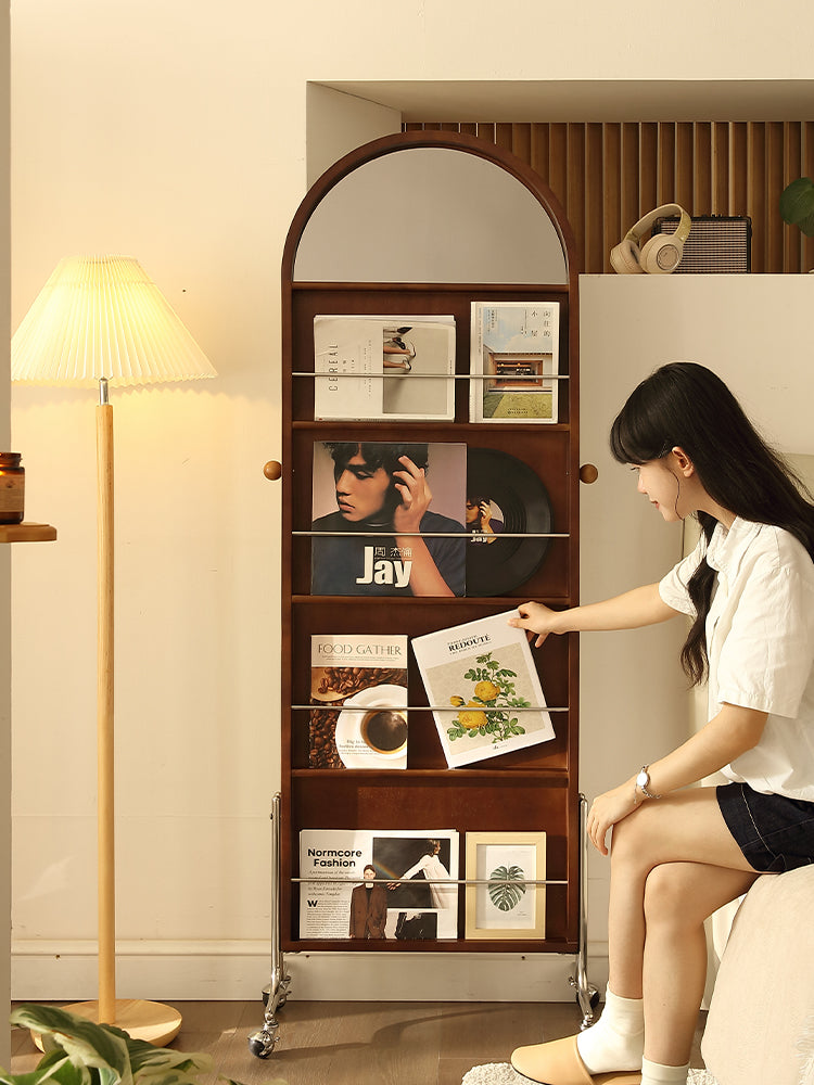 Full-Length Movable Magazine Rack Rotating Vintage Style Floor Standing Mirror with Solid Wood Dressing Mirror
