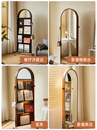 Full-Length Movable Magazine Rack Rotating Vintage Style Floor Standing Mirror with Solid Wood Dressing Mirror
