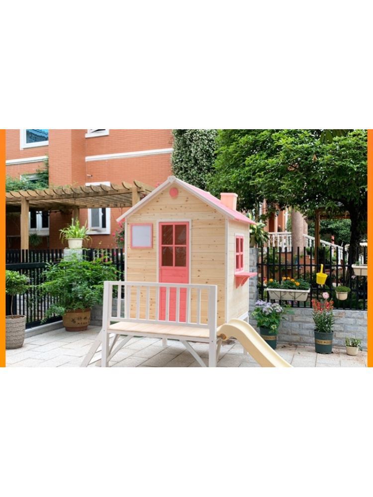 Outdoor Wooden Playhouse with Slide for Kids, Anti-Corrosion Wood Mobile Treehouse Playroom