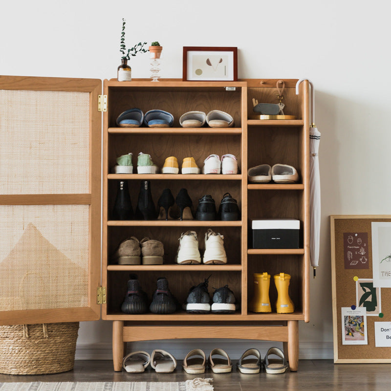 Nordic Solid Wood Rattan Shoe Cabinet Living Room Multi-functional Storage Cabinet Simple Home Entryway Hallway Organizer