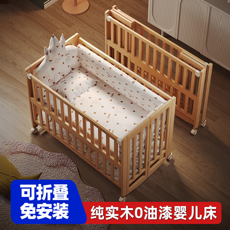 Foldable Solid Wood Baby Crib, Paint-Free, Mobile, Multi-functional Newborn Co-sleeper