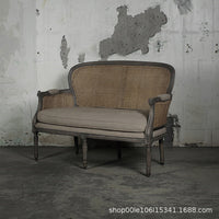 American Minimalist Rattan Woven Sofa for Living Room, Hotel, Studio, Small Apartments - Solid Wood & Cotton Linen