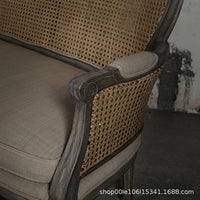 American Minimalist Rattan Woven Sofa for Living Room, Hotel, Studio, Small Apartments - Solid Wood & Cotton Linen
