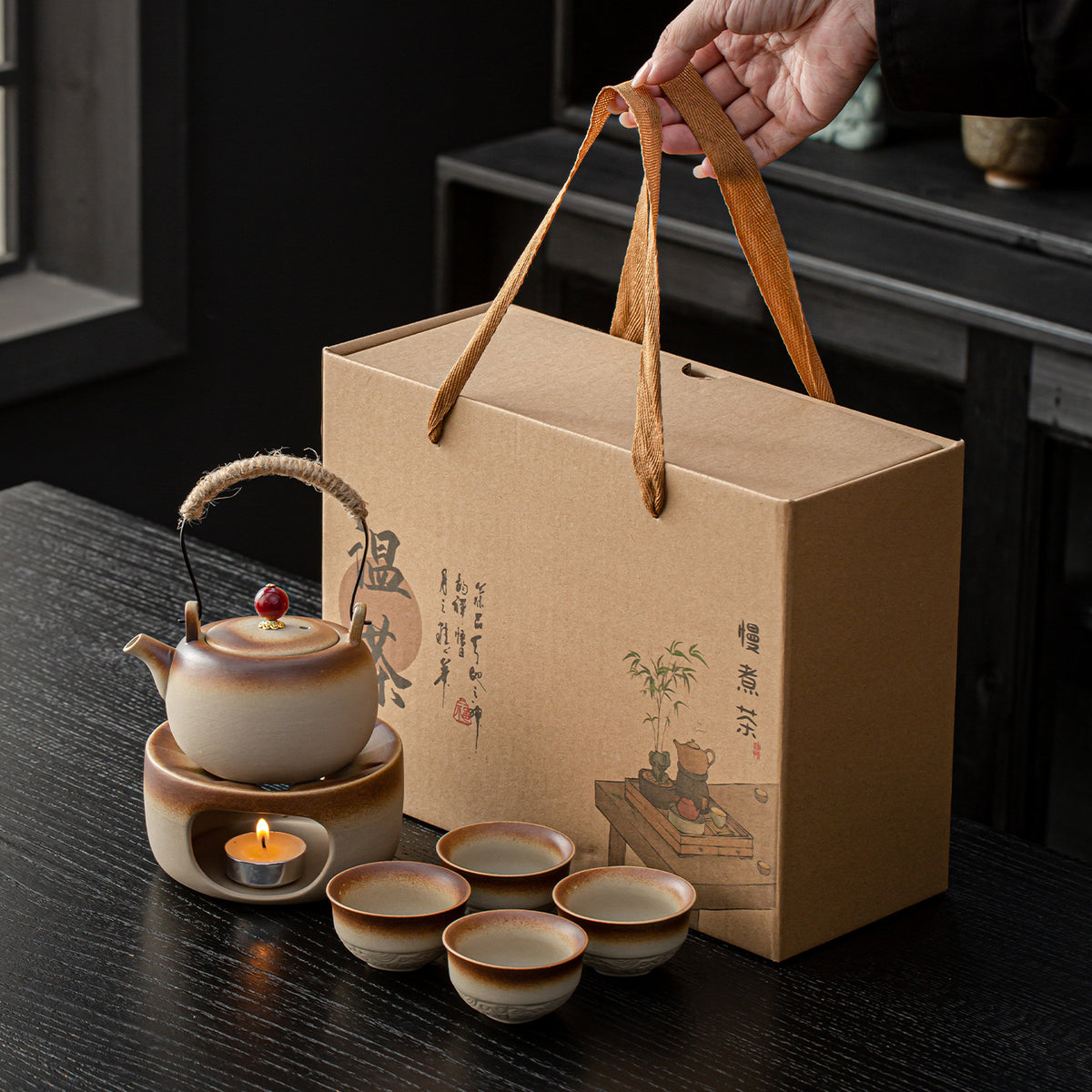 Ceramic Tea Warmer with Candle Stove and Teapot Set for Outdoor Tea Brewing