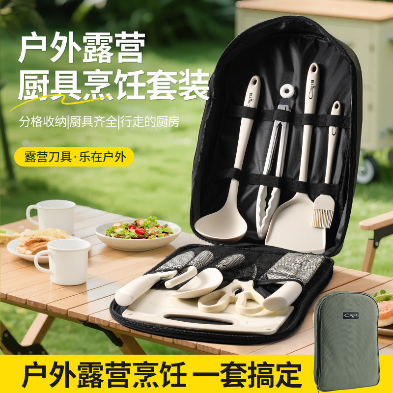 Portable Outdoor Kitchen Knife Set with Cutting Board and Storage Bag for Camping Picnic BBQ