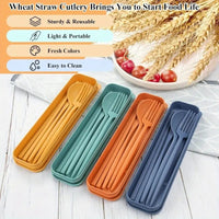 Portable Wheat Straw Cutlery Set with Knife, Fork, Spoon, and Chopsticks for Students, Travel, and Camping