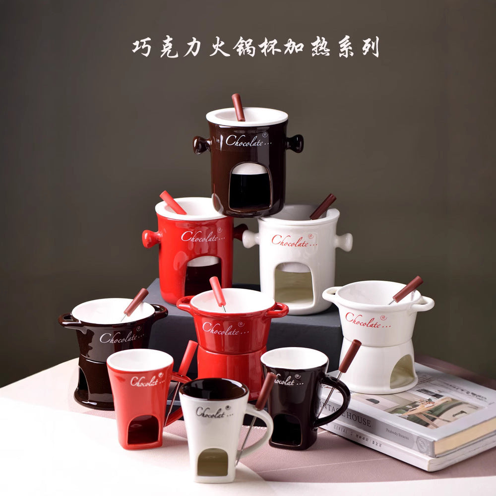 Ceramic Chocolate Fondue Mug Set with Forks - Swiss Ice Cream Cheese Fondue Pot