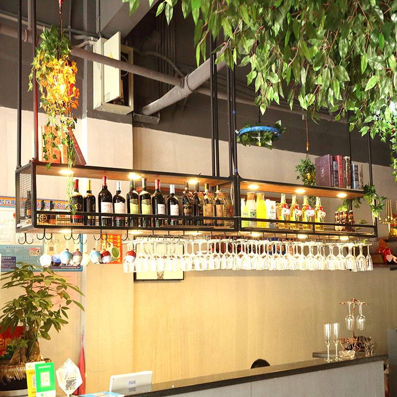 Industrial Iron Bar Counter Hanging Rack with Solid Wood Ceiling Cabinet, Upside-Down Wine Glass Holder, Bar Suspension Wine Rack