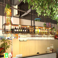 Industrial Iron Bar Counter Hanging Rack with Solid Wood Ceiling Cabinet, Upside-Down Wine Glass Holder, Bar Suspension Wine Rack