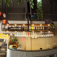 Industrial Iron Bar Counter Hanging Rack with Solid Wood Ceiling Cabinet, Upside-Down Wine Glass Holder, Bar Suspension Wine Rack