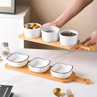 Ceramic Divided Fruit Plate with 3 Compartments, Snack Bowl, Appetizer Platter, Household Nut Dish with Bamboo Handle Tray