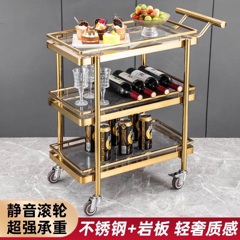 Luxury Stainless Steel Slate 3-Tier Serving Cart KTV Snack Dessert Solid Wood Dining Trolley Restaurant Service Cart