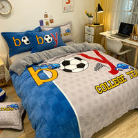 Thickened Milk Velvet Coral Fleece Four-Piece Bedding Set Double-Sided Flannel Duvet Cover for Kids Boys Football Team