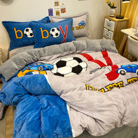Thickened Milk Velvet Coral Fleece Four-Piece Bedding Set Double-Sided Flannel Duvet Cover for Kids Boys Football Team