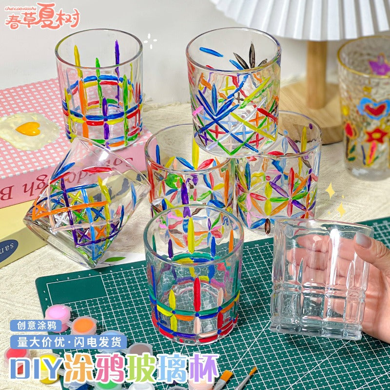 Hand-Painted Plaid Glass Cup DIY Material Kit for Kids, Stained Glass Paint Creative Glass Water Cup
