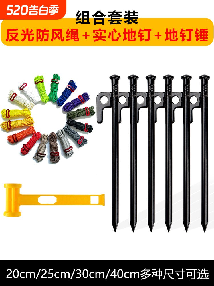 Outdoor Tent Pegs Windproof Rope Set with Hammer for Camping Canopy Beach Shelter