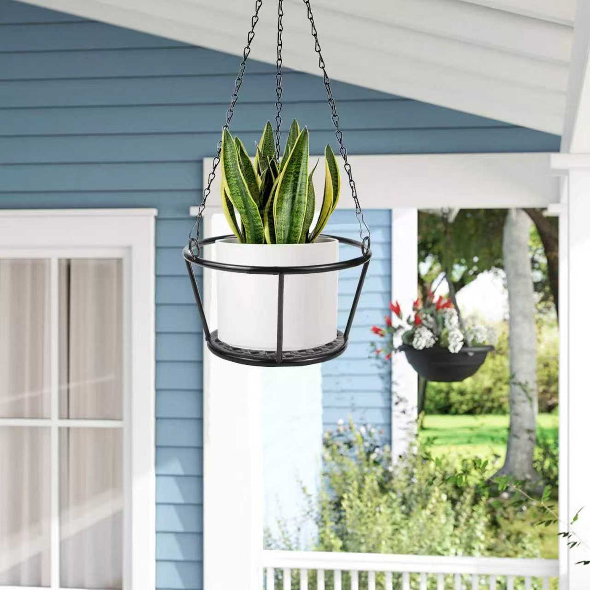Metal Hanging Basket Planter for Indoor Outdoor Plants, Iron Art Suspended Flower Pot with Chain