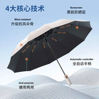 Automatic Large Sun and Rain Umbrella, Thickened Folding Outdoor Sunshade with Black Glue Coating