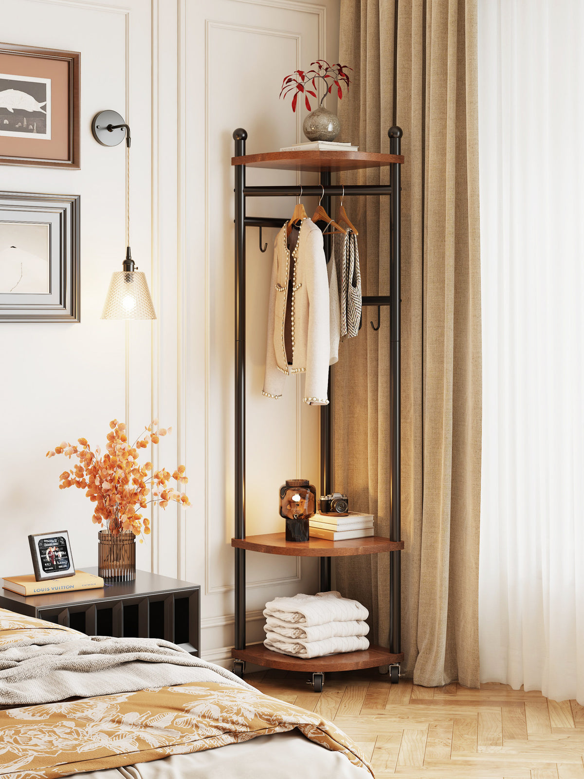 Movable Corner Garment Rack Bedroom Floor Standing Clothes Hanger Bedside Corner Storage Shelf Space-Saving Clothes Rack