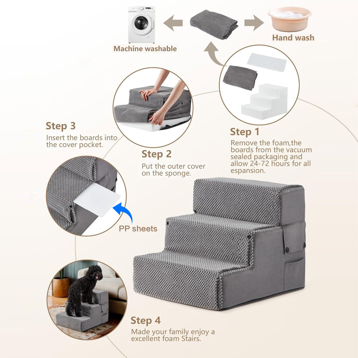 Washable Sponge Pet Ramp Portable Non-Slip Multi-Layer Steps Foldable into Sofa Bed for Cats and Dogs