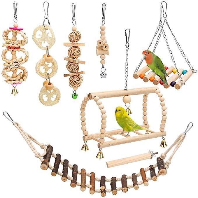 Parrot Chew Toy Natural Wood Bird Cage Hanging Ladder Loofah Ball Swing for Budgies Cockatiels Conures
