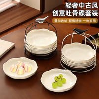 Vintage Style Household Bone Dish Snack Plate Living Room Dessert Fruit Plate Trash Plate with Storage Rack