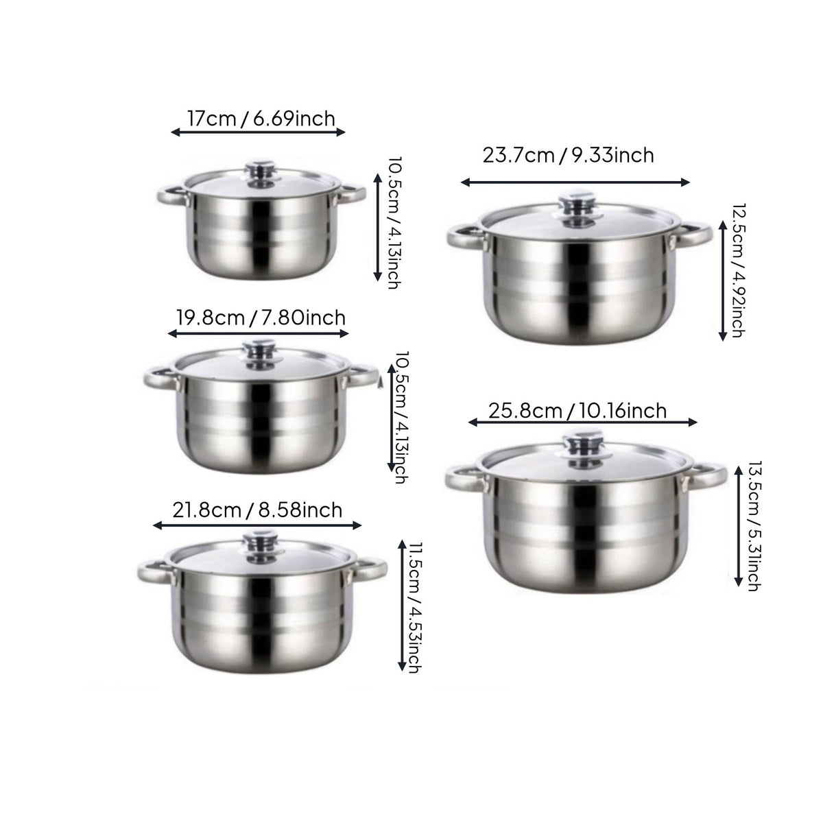 10 Pieces Multi-Diameter Cooking Pot Set Induction Compatible Soup Pot Set with Lids Thickened Body for Kitchen