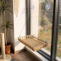 Window Cat Perch and Cat Hammock, Handwoven Rattan Cat Bed with Strong Suction Cups, Folding Storage Suction Cup Cat Bed for Indoor Sunbathing