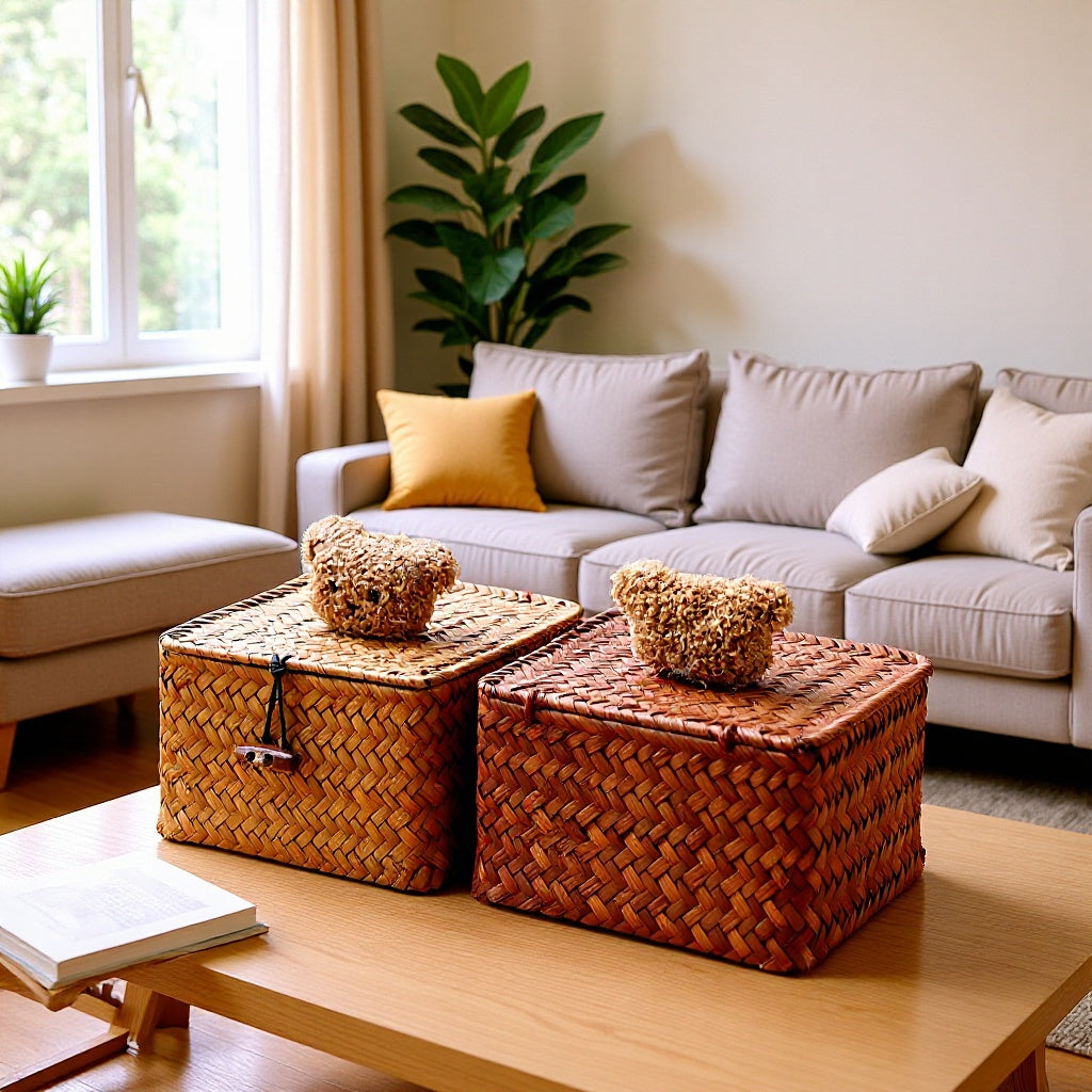 Rattan Woven Storage Box with Lid for Desktop Organization