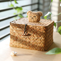 Rattan Woven Storage Box with Lid for Desktop Organization