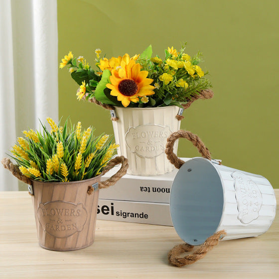 Vintage Iron Bucket Flower Pot with Rope Handles for Plants